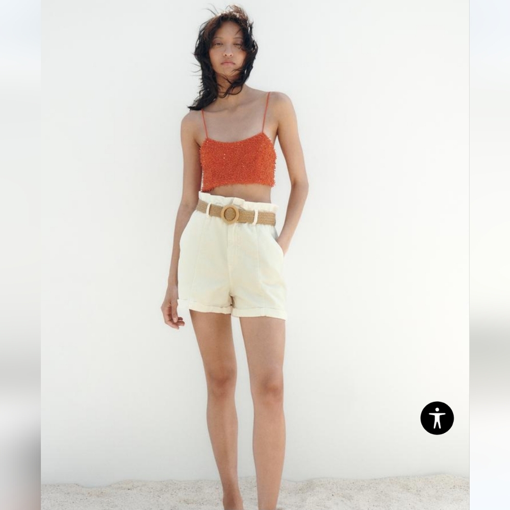 Zara Baggy Belted Denim Bermuda Shorts